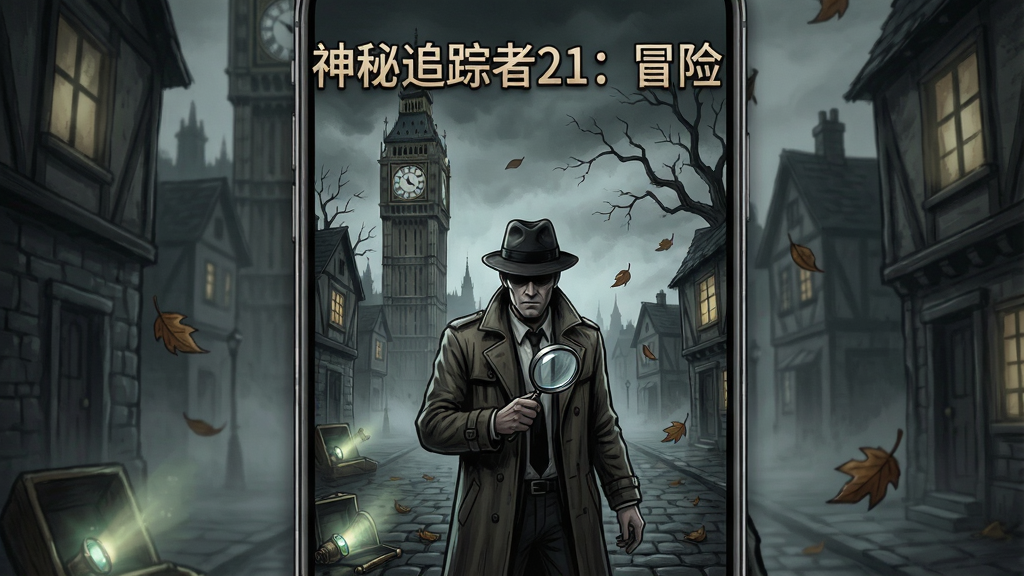 一张暗黑悬疑风格的手机游戏封面图,画面中央是一位身穿风衣手持放大镜的侦探站在雾气弥漫的哥特式小镇街道上,背景有古老钟楼和枯树枝,画面左下角有发光的物品隐藏其中,整体布局为竖版手机屏幕比例,排版上方留出空间放置游戏标题文字