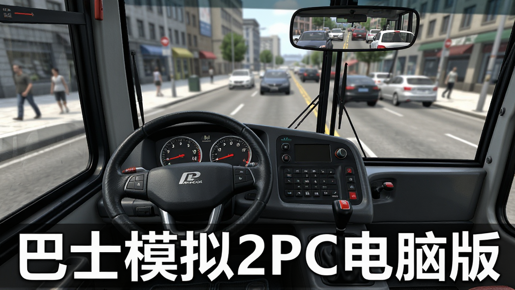 画面主体为一辆公交车驾驶舱内部视角,布局采用第一人称驾驶位构图,仪表盘、方向盘、中控按键与变速杆清晰可见,排版风格为写实模拟游戏截图,细节包括方向盘上的品牌标识、仪表盘指针读数、车窗外的城市街道与行人、后视镜中的车流,画质为4K超高清,干净整洁,无多余杂乱元素,画面中打上文字“巴士模拟2PC电脑版”