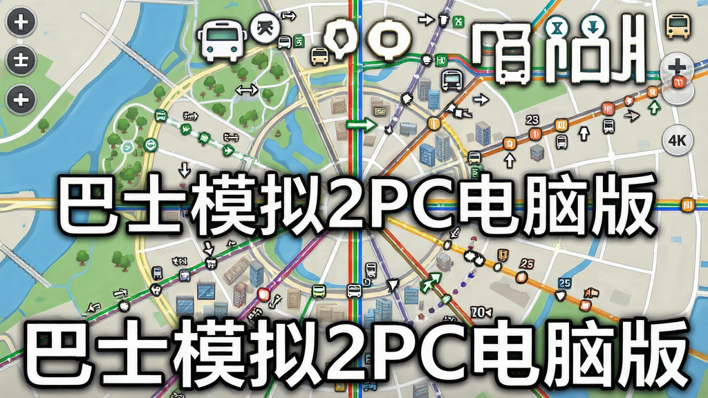 画面主体为一张俯视视角的城市交通地图,布局采用中心辐射式构图,地图上标注了多条彩色公交线路与站点图标,排版风格为游戏内地图界面,细节包括河流、公园、建筑群、公交枢纽站、线路编号与方向箭头,画质为4K超高清,干净清晰,无多余杂乱元素,画面中打上文字“巴士模拟2PC电脑版”