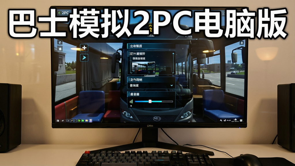 画面主体为一台电脑显示器显示巴士模拟2PC电脑版的游戏设置界面,布局采用正面平视构图,屏幕中可见画质选项、控制设置与音量调节滑块,排版风格为科技感UI界面,细节包括显示器边框、桌面上的键盘与鼠标、屏幕反射的室内灯光,画质为4K超高清,干净简洁,无多余杂乱元素,画面中打上文字“巴士模拟2PC电脑版”