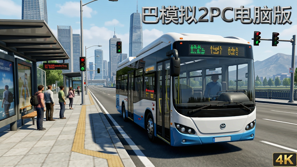 画面主体为一辆现代城市公交车行驶在宽阔的城市主干道上,布局采用三分法构图,公交车位于画面中央偏右,左侧为公交站台与候车乘客,背景为高楼林立的城市天际线,排版风格写实且带有游戏界面元素,细节包括公交车身的路线显示屏、后视镜、车轮纹理、路面标线、交通信号灯以及远处的山脉轮廓,画质为4K超高清,干净明亮,无多余杂乱元素,画面中打上文字“巴士模拟2PC电脑版”