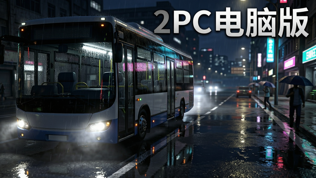 画面主体为一辆公交车在雨夜的城市街道上行驶,布局采用侧面跟车视角,公交车位于画面左侧,右侧为被雨水打湿的柏油路面与霓虹灯倒影,排版风格为写实电影感游戏截图,细节包括雨滴打在车窗上、车灯照亮前方水雾、路面积水反光、行人撑伞匆匆走过,画质为4K超高清,干净通透,无多余杂乱元素,画面中打上文字“巴士模拟2PC电脑版”