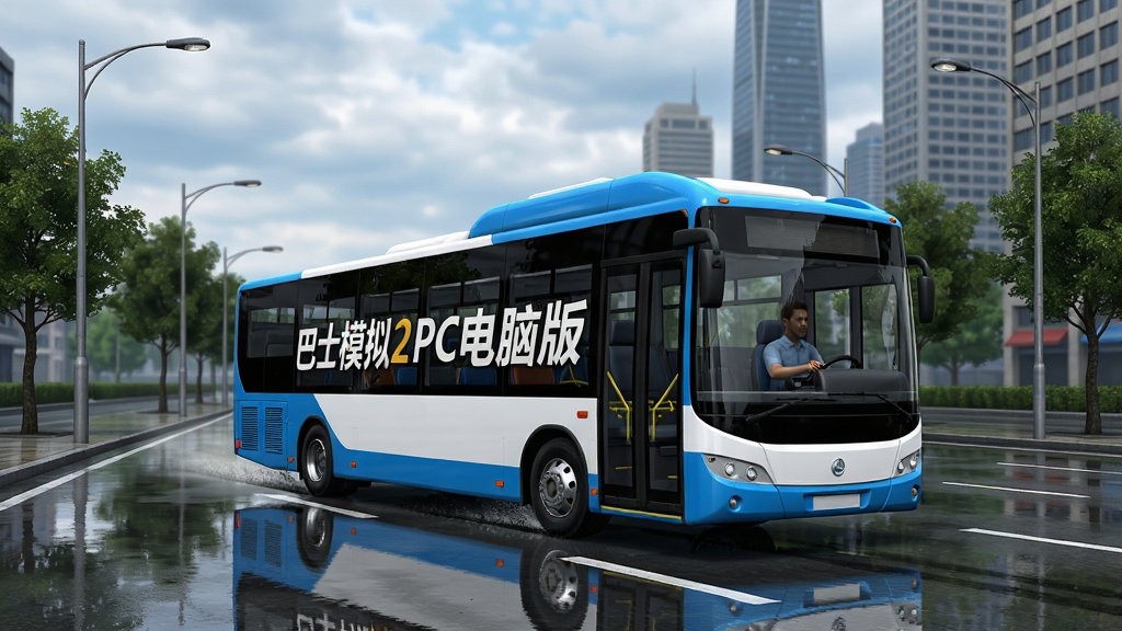 一张横版游戏宣传图,画面主体是一辆蓝白涂装的现代城市公交车行驶在雨后湿润的城市主干道上,道路两侧有路灯、行道树与远处高楼,公交车车身清晰印有“巴士模拟2PC电脑版”字样。布局采用居中构图,公交车占据画面中央偏下位置,上方留出天空与远景建筑。风格为写实3D渲染,细节包括路面反光、轮胎水痕、车窗倒影与车内隐约可见的司机轮廓。画质高清,干净,无多余元素。