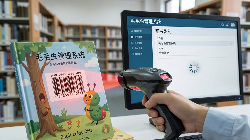 智能编目场景图,画面中一只手拿着条码扫描枪对准一本儿童绘本的ISBN条码,旁边电脑屏幕上“毛毛虫管理系统”的图书录入界面正在自动填充书名和作者信息,背景是整洁的图书室环境,风格为写实科技风,细节包括扫描枪的红色光线和屏幕上的加载动画,画质高清,干净无多余元素