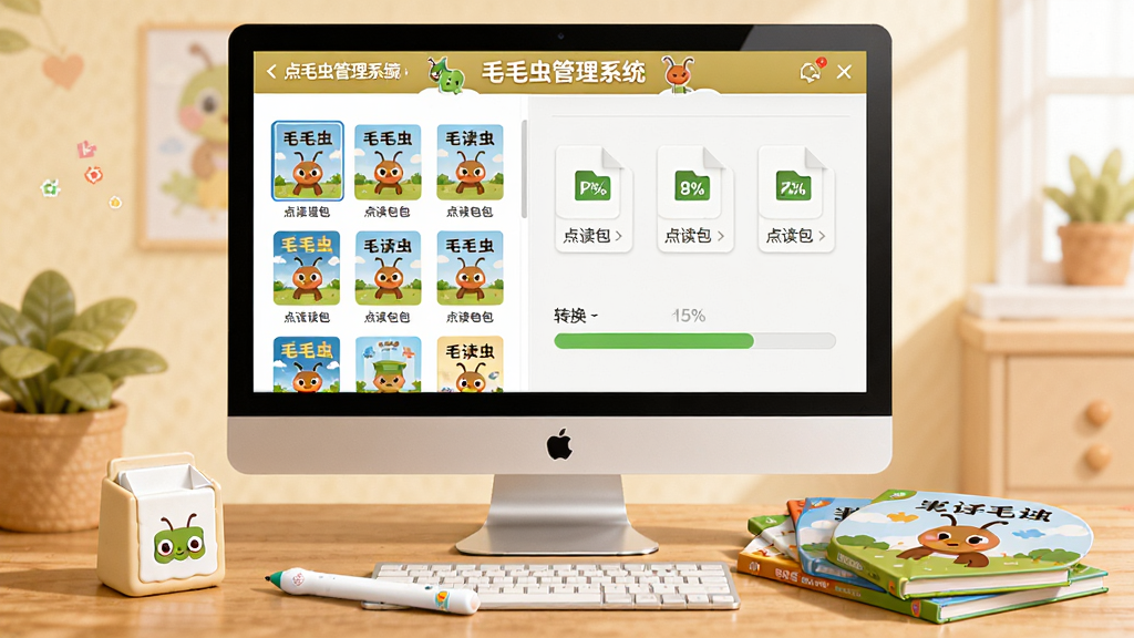 点读包资源管理界面图,画面中电脑屏幕上显示“毛毛虫管理系统”的资源关联页面,左侧是图书封面列表,右侧是点读包文件图标和转换进度条,桌面上放着一支点读笔和几本点读书,风格为温馨教育风,细节包括文件格式图标和进度百分比,画质高清,干净无多余元素