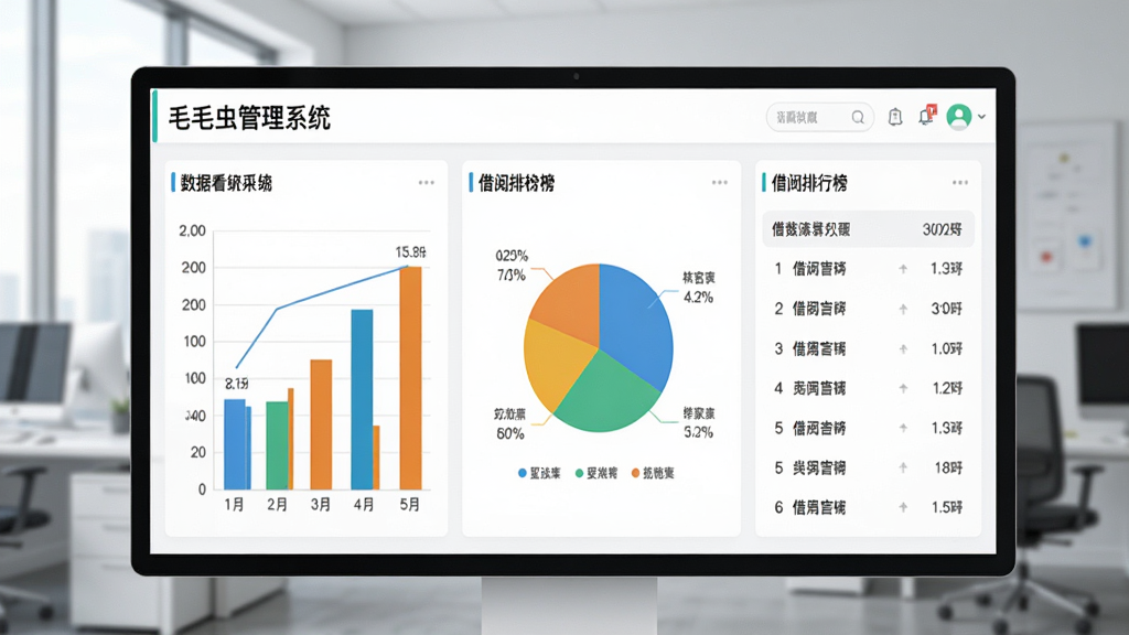 数据统计报表界面图,画面展示“毛毛虫管理系统”的数据看板,屏幕上显示柱状图、饼图和借阅排行榜列表,背景是办公室环境,风格为现代数据可视化风格,细节包括图表颜色区分和数值标签,画质高清,干净无多余元素