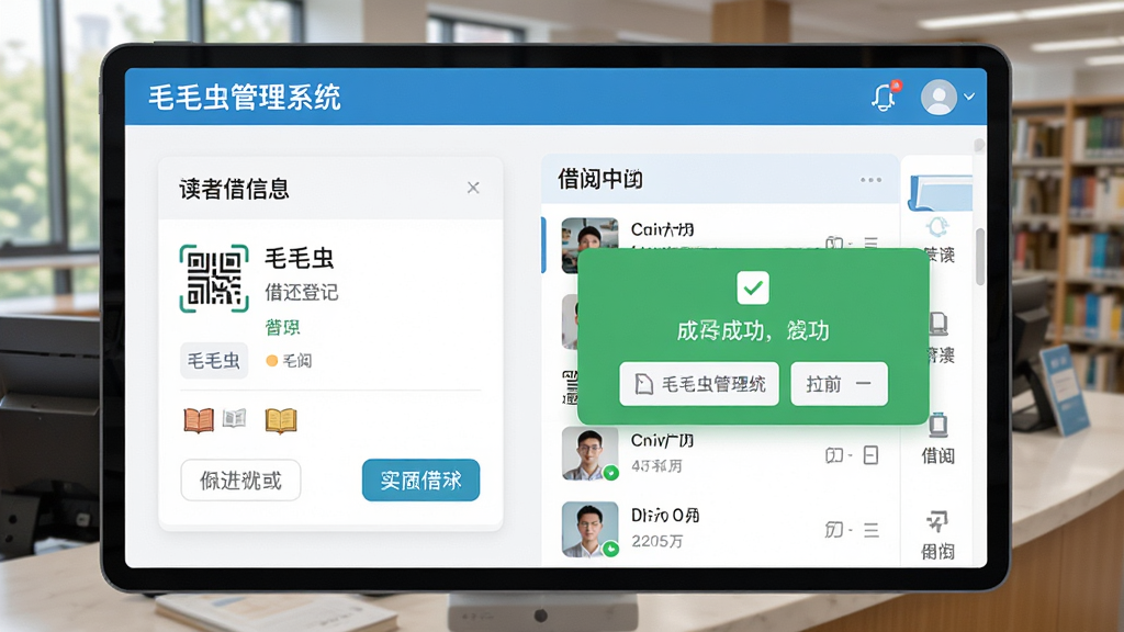 借还登记操作界面图,画面展示“毛毛虫管理系统”的借还登记页面,左侧是读者信息卡片,右侧是借阅中的图书列表,屏幕上弹出绿色成功提示框,背景是图书馆服务台的实景,风格为清新明快的UI风格,细节包括扫码图标和日期选择器,画质高清,干净无多余元素