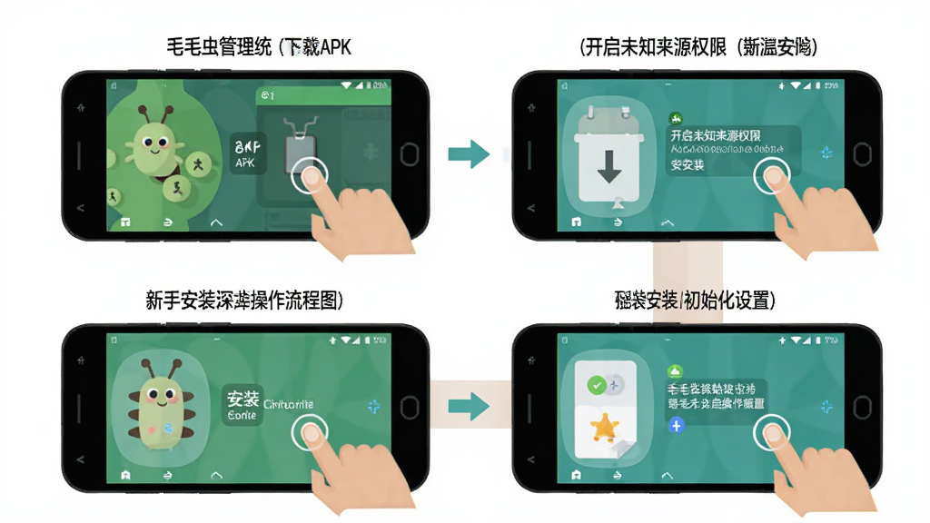 新手安装操作流程图,画面以步骤图形式展示“毛毛虫管理系统”在安卓手机上的安装过程,包括下载APK、开启未知来源权限、点击安装、初始化设置四个画面,风格为扁平化教程风,细节包括手机界面和手指点击动作,画质高清,干净无多余元素