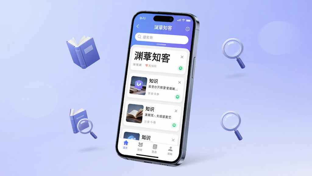 主体为一部智能手机,屏幕上显示着“渊薮知客”应用的主界面,界面布局为顶部搜索栏、中部为卡片式知识文章列表,底部为导航菜单。排版采用居中构图,手机略微倾斜展现立体感。风格为现代科技感,细节包括柔和的蓝紫色渐变背景、悬浮的书籍与放大镜图标,画质清晰干净,无多余元素。