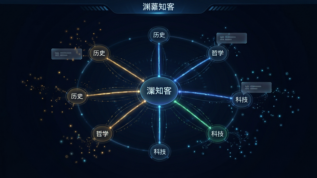 画面主体为“渊薮知客”应用内的知识图谱可视化界面,布局以中心节点向四周辐射,节点之间用发光线条连接,节点上标注着“历史”、“哲学”、“科技”等关键词。排版采用深色背景衬托亮色线条,风格为未来科技感,细节包括半透明的浮动标签和动态粒子效果,画质高清,干净无杂乱元素。