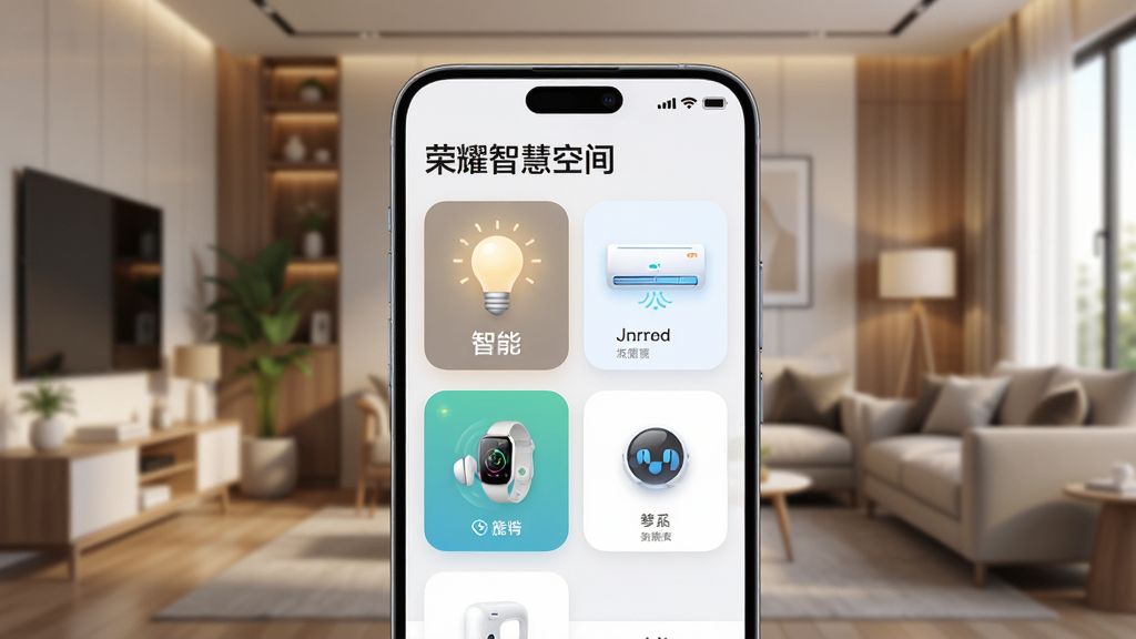 画面中心是一部智能手机,屏幕显示“荣耀智慧空间”App主界面,界面中整齐排列着智能灯、空调、手表、耳机等设备卡片,背景是温馨的现代家居客厅,布局采用居中构图,排版简洁清晰,风格为3D渲染科技感,细节上设备图标带有微光效果,画质为4K超高清,干净无多余元素