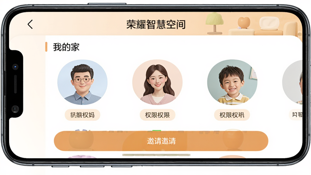 一部手机显示“荣耀智慧空间”家庭管理页面,页面中有“我的家”群组,成员头像包括爸爸、妈妈、孩子,每个成员下方有权限标签,布局为顶部家庭名称、中部成员列表、底部邀请按钮,风格为温馨居家风,细节上头像带有圆角边框,画质为高清,干净无多余元素