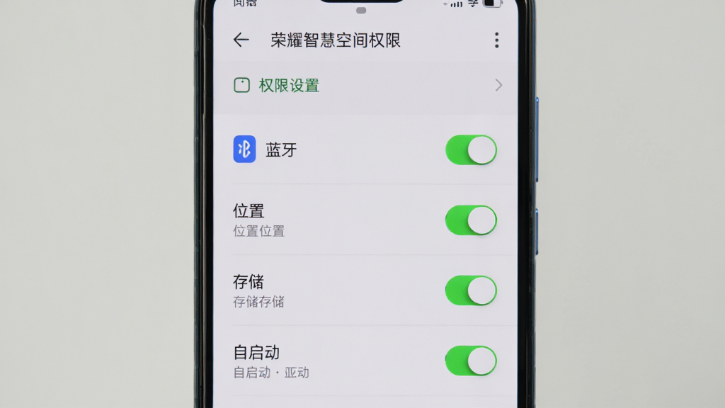 一部手机竖屏显示“荣耀智慧空间”权限设置页面,页面中有蓝牙、位置、存储、自启动等权限开关,布局为列表式,风格为系统设置风,细节上开关按钮为绿色高亮状态,画质为高清,干净无多余元素