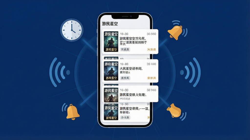一张以游民星空资讯推送为主题的AI生图,画面主体是一部手机悬浮在深蓝色背景中,手机屏幕显示多条游戏新闻通知卡片,卡片上有