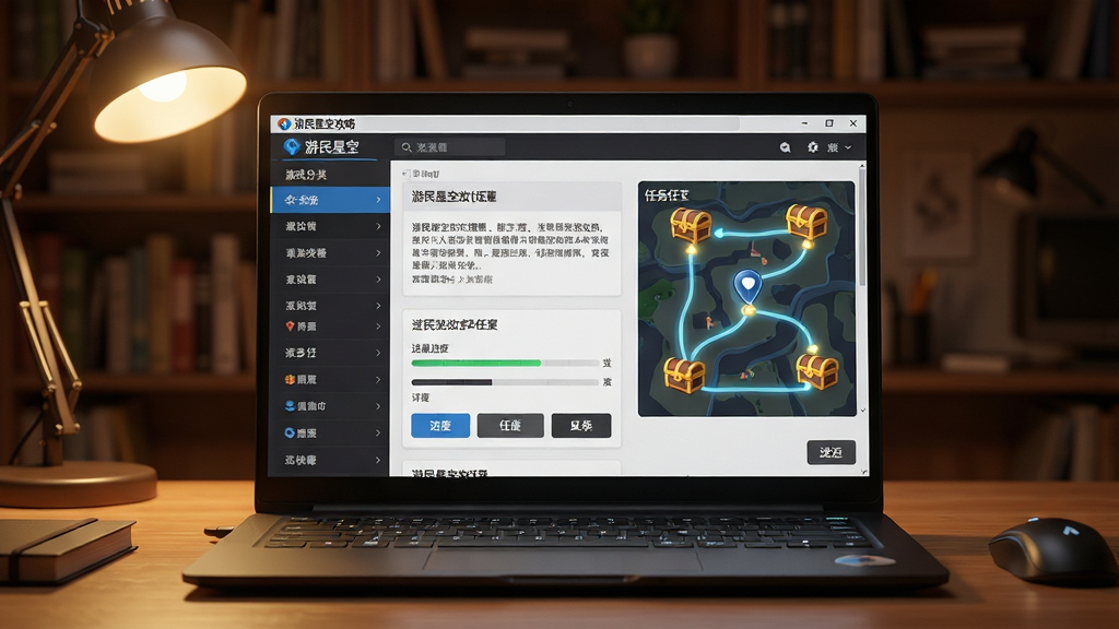 一张展示游民星空攻略数据库功能的生图,画面中央是一台打开的游戏笔记本,屏幕上显示游民星空攻略页面,左侧是游戏分类列表,右侧是互动地图与任务标记点,地图上有发光路径和宝箱图标,背景为温馨的书房环境,暖色台灯照亮桌面,风格写实与信息图结合,细节包括攻略文字框、进度条、返回按钮,画质高清,干净,无多余元素
