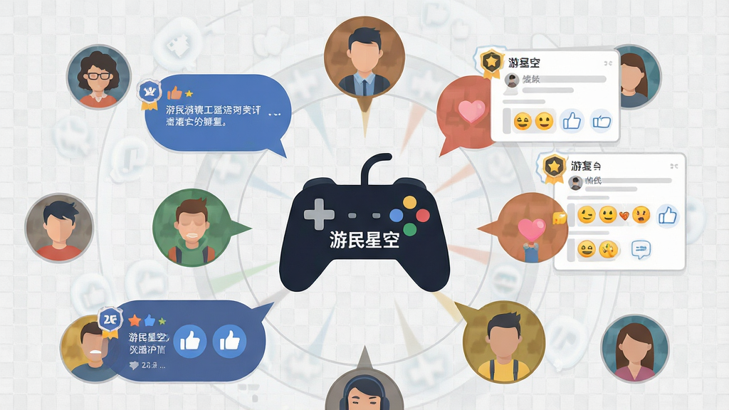 一张表现游民星空社区互动的生图,画面主体是多个圆形头像气泡围绕一个中心游戏手柄图标,气泡内显示评论、点赞和回复图标,中心手柄上写着