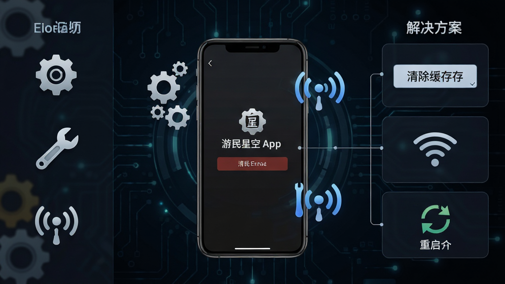 一张以手机应用故障排查为主题的场景图,画面中央是一部手机显示游民星空App的加载错误页面,旁边漂浮着齿轮、扳手和网络信号图标,背景是深色科技风格,布局采用左右分栏,左侧为问题图标,右侧为解决方案卡片,风格简洁信息图,细节包括清除缓存按钮、WiFi符号、重启箭头,画质高清,干净,无多余元素