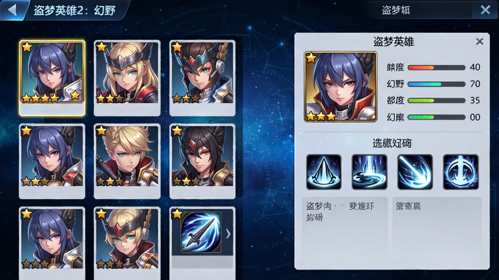 盗梦英雄2:幻野英雄收集界面展示,画面左侧为英雄列表网格布局,右侧为选中英雄的详细属性面板与技能介绍,背景为深蓝色科技感星空,风格为二次元手游UI设计,细节包括英雄头像框、星级标识、属性数值条、技能图标,画质清晰锐利干净整洁,图中文字标注“盗梦英雄2:幻野”