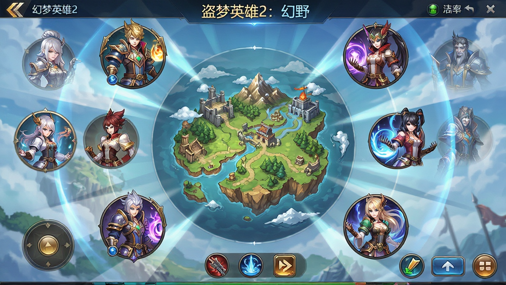 盗梦英雄2:幻野游戏主界面全貌展示,画面中央为幻野大陆全景地图,四周环绕多位风格各异的英雄角色立绘,布局采用中心辐射式构图,排版层次分明主次清晰,风格为二次元奇幻卡牌手游视觉,细节包括角色服饰纹理、技能光效、UI按钮图标,画质高清色彩饱满干净无多余元素,图中文字标注“盗梦英雄2:幻野”