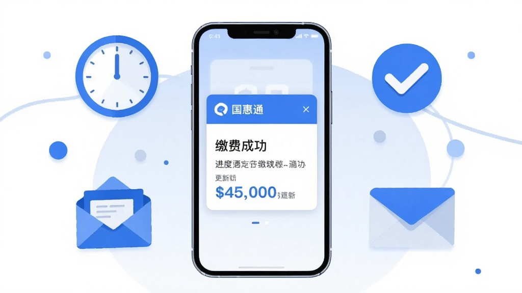 画面中央是一部手机,屏幕弹出“国惠通”消息提醒卡片,显示缴费成功与进度更新内容。手机周围环绕时钟、对勾图标、信封等扁平元素。布局为居中对称,风格为简洁UI展示插画,蓝色与白色为主调,细节干净,画质高清,无多余元素。