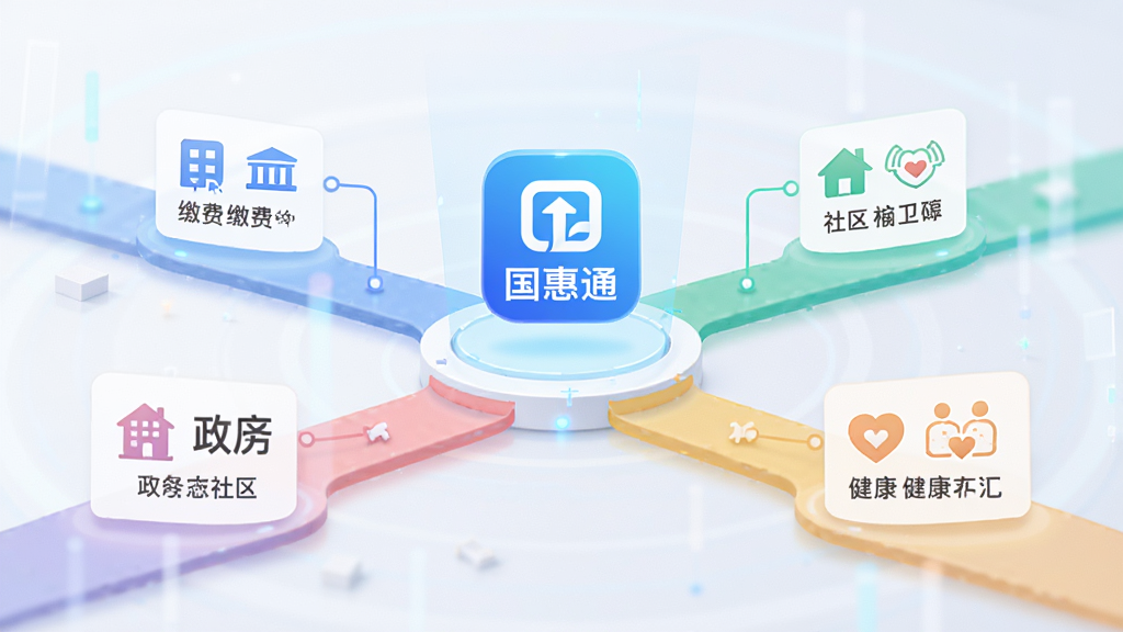 画面展示一个明亮的数字服务大厅场景,中央是悬浮的“国惠通”应用图标,四周延伸出缴费、政务、社区、健康四条彩色通道,每条通道连接对应的功能卡片。布局采用中心放射状,风格为科技感扁平插画,色彩柔和,细节清晰,画质干净高清,无多余装饰元素。