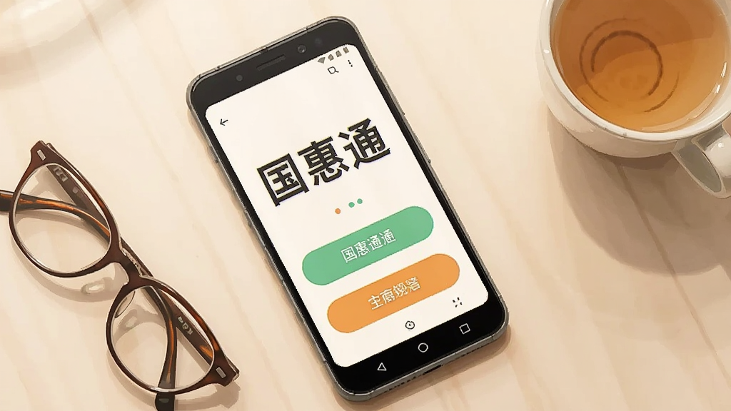 画面中一部安卓手机平放在浅色桌面上,屏幕显示“国惠通”应用的大字体、大按钮界面,旁边放置一副老花镜和一杯茶。布局为俯视平铺构图,风格为温馨生活化摄影感插画,色调温暖柔和,细节真实,画质高清,画面干净整洁。
