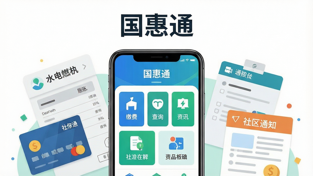 画面中央放置一部智能手机,手机屏幕显示蓝色与绿色为主的“国惠通”应用首页界面,包含缴费、查询、资讯等图标模块。手机周围环绕水电燃气账单、社保卡、社区通知单等扁平化插画元素。整体采用左右均衡布局,上方留白用于展示软件名称“国惠通”。风格为现代简约扁平插画,色调清爽明亮,细节干净利落,画质高清,无多余杂乱元素。