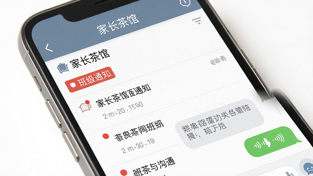 一幅展示家长茶馆班级通知与沟通功能的界面示意图,画面中心是手机屏幕,屏幕内显示家长茶馆的班级通知列表和聊天窗口,通知列表有置顶的红色标签,聊天窗口有文字和语音消息气泡,布局为手机界面特写,风格为简洁的UI展示风,细节包括未读红点、班级名称、时间戳,画质清晰,干净,无多余元素