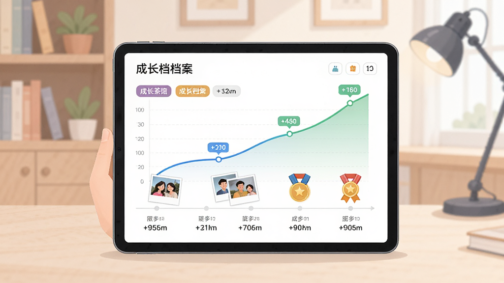 一幅家长茶馆成绩跟踪与成长档案功能的视觉图,画面主体是一块平板电脑,屏幕上显示成绩曲线图和成长档案时间线,曲线图有上升趋势,时间线上有照片和奖章图标,布局为平板居中,背景为柔和的书房环境,风格为现代简约插画,细节包括科目标签、分数标注,画质清晰,干净,无多余元素