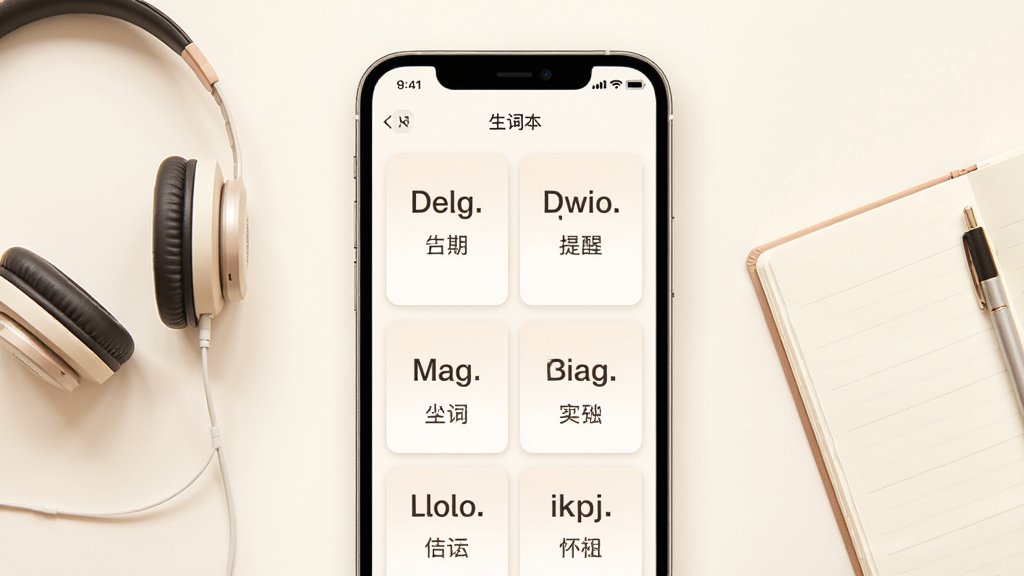 每日听读软件功能展示插图,画面主体为手机屏幕显示生词本和复习提醒界面,屏幕中单词卡片排列整齐,旁边有耳机和笔记本元素,布局采用中心对称构图,风格柔和温暖,细节上卡片带有英文单词和中文释义,背景为米白色,画质高清,画面干净,无多余元素