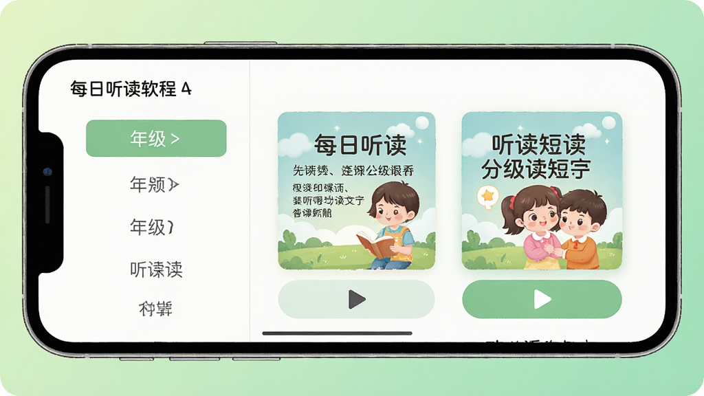 每日听读软件界面截图风格插图,画面主体为手机屏幕展示每日听读的分级课程列表,屏幕左侧有年级选择栏,右侧为听读短文封面和播放按钮,布局采用左右分栏排版,风格清新简约,细节上屏幕内文字清晰可见包含每日听读字样,背景为浅绿色渐变,画质高清,干净无多余元素