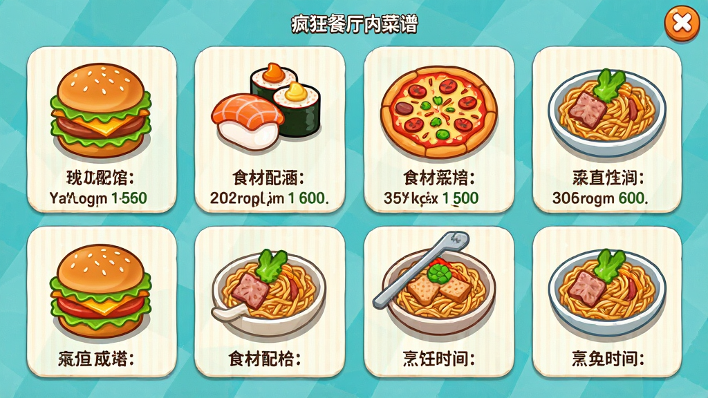 疯狂餐厅游戏内菜谱界面,展示世界各地美食图标,汉堡、寿司、披萨、炒面等,卡通风格,布局整齐,排版美观,风格清新明快,细节包括菜品名称、食材配料、烹饪时间,画质高清,干净整洁,无多余元素