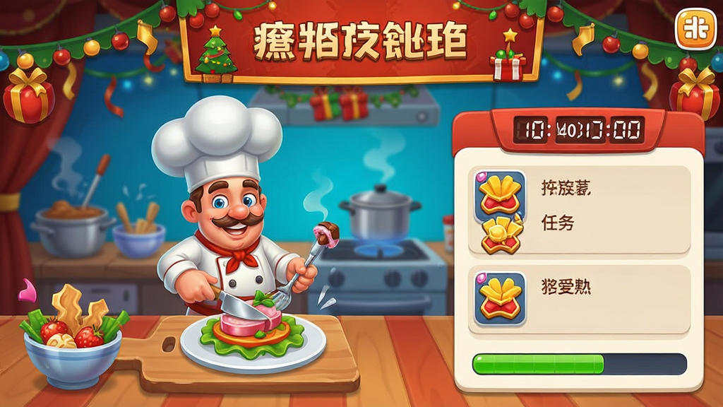 疯狂餐厅游戏内限时活动界面,节日主题烹饪比赛,厨师在制作特殊菜品,倒计时显示,卡通风格,布局为活动横幅加任务列表,排版动感,风格喜庆热闹,细节包括节日装饰、奖励图标、进度条,画质高清,干净整洁,无多余元素