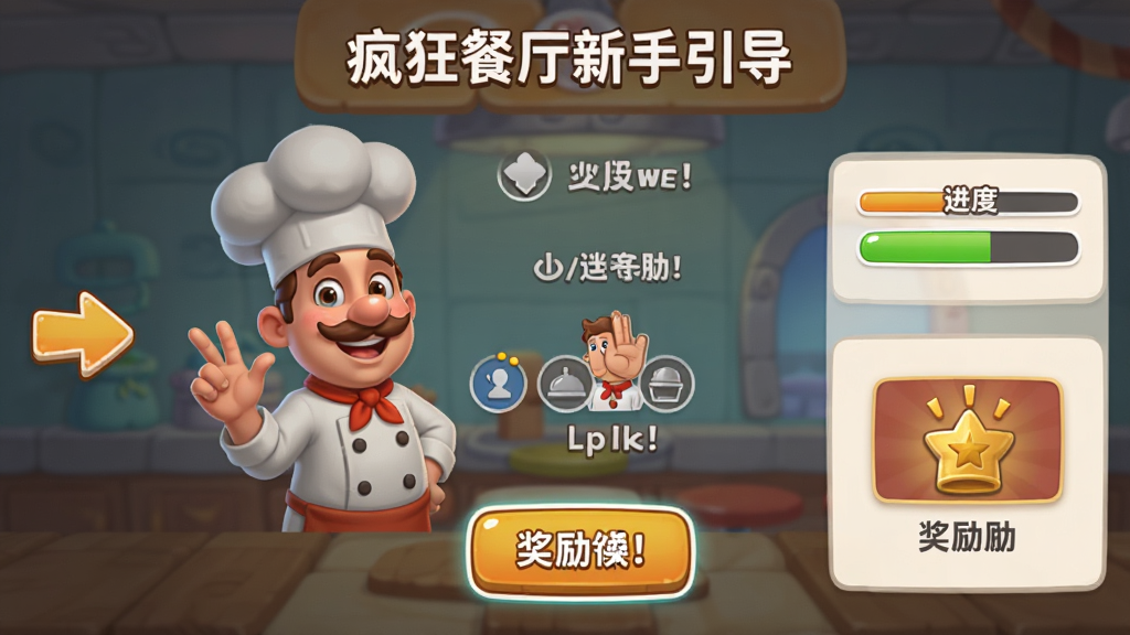 疯狂餐厅新手引导界面,卡通厨师在向玩家展示操作步骤,界面包含箭头指示、文字提示、按钮高亮,风格友好亲切,布局清晰,排版简洁,细节包括手势图标、进度条、奖励预览,画质高清,干净整洁,无多余元素