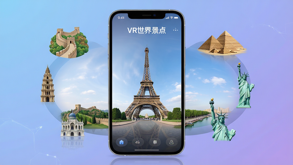 一张展示VR世界景点软件界面的全景截图,画面主体为手机屏幕中呈现出埃菲尔铁塔的360度全景视角,屏幕周围环绕着世界各地的地标微缩图标如长城、金字塔、自由女神像,布局采用中心发散式构图,排版清晰展示软件名称“VR世界景点”,风格为现代科技感与清新旅行风结合,细节包括柔和的蓝紫渐变背景、细腻的光影反射、高清的地标纹理,画质为4K超清、干净、无多余元素