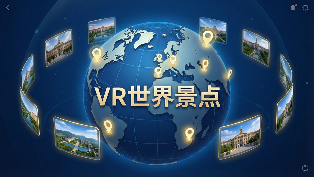 一张展示VR世界景点软件内海量全景资源库的界面图,画面主体为地球仪形状的3D模型,表面分布着发光的景点标记点,周围漂浮着不同景点的缩略图卡片,布局采用球体环绕式,排版展示“VR世界景点”字样,风格为科技蓝与金色点缀,细节包括清晰的经纬线、卡片上的风景微缩图、柔和的光晕效果,画质为高清、干净、无多余元素