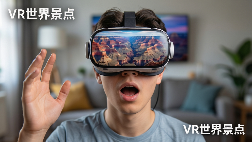 一张展示用户佩戴VR眼镜体验VR世界景点的场景图,画面主体为一位年轻人戴着VR头显,脸上露出惊叹表情,背景是虚化的客厅环境,头显屏幕中反射出大峡谷的壮丽全景,布局采用人物居中、背景虚化,排版在角落标注“VR世界景点”,风格为写实生活风与梦幻光影结合,细节包括头显的质感、屏幕中的峡谷细节、人物手部微微抬起,画质为8K超清、干净、无多余元素