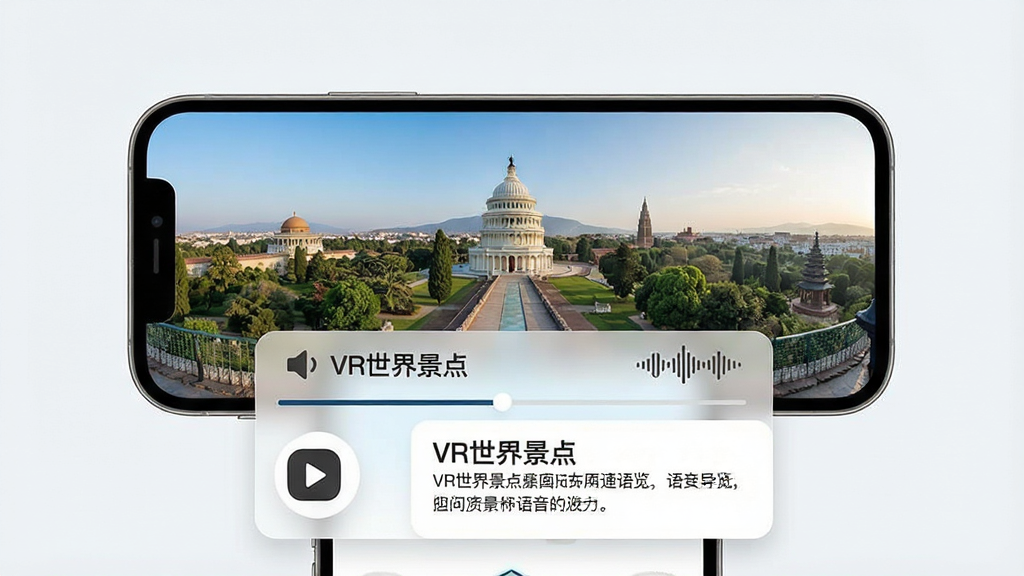 一张展示VR世界景点语音导览功能的界面图,画面主体为手机屏幕显示景点全景,屏幕下方浮出语音播放条与文字介绍卡片,布局采用上下分层,排版展示“VR世界景点”与语音波形图标,风格为简约清新,细节包括播放按钮、进度条、文字排版工整,画质为高清、干净、无多余元素