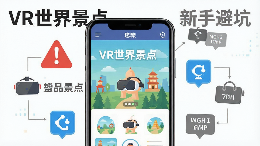 一张展示VR世界景点新手操作提示的示意图,画面主体为手机屏幕显示软件界面,屏幕周围漂浮着红色警告图标、蓝色优化图标与灰色提示图标,布局采用环绕式,排版展示“VR世界景点”与“新手避坑”字样,风格为扁平化信息图,细节包括图标清晰、文字简洁、色彩对比鲜明,画质为高清、干净、无多余元素