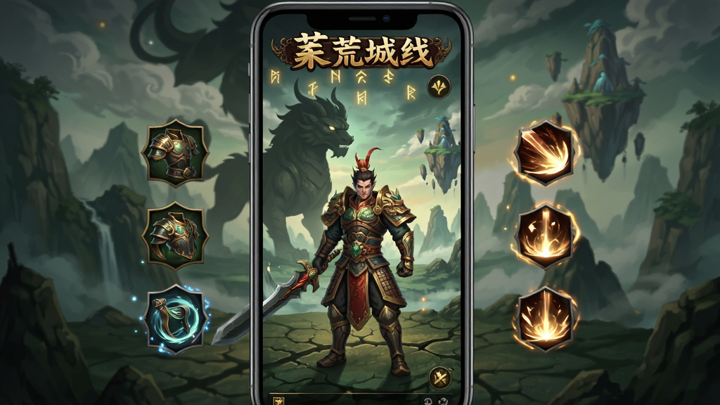 画面中央展示一部智能手机,手机屏幕内呈现莽荒传奇游戏主界面,角色身穿铠甲站立于洪荒山谷之中,远处有巨大神兽剪影与悬浮仙山;手机两侧漂浮着装备图标与技能光效;布局为竖版构图,上方留出游戏名称位置;排版整齐,主体突出;风格为东方玄幻数字插画,色彩以暗金、墨绿、赤红为主;细节包括角色铠甲纹理、地面裂纹、天空流云与符文光点;画质清晰,干净,无多余元素