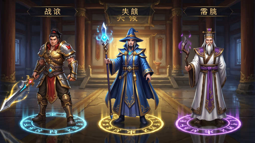 画面中央并排展示三个游戏角色,分别代表战士、法师、道士,角色脚下有对应职业的符文光圈;背景为洪荒风格的宗门大殿;布局为横向排列,角色之间留有间距;排版对称,上方留出职业名称位置;风格为东方玄幻角色设定图,色彩以金、蓝、紫为主;细节包括角色服饰纹路、武器光效、地面反光;画质清晰,干净,无多余元素