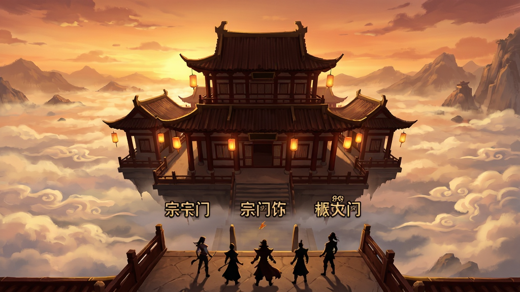 画面中央展示一座悬浮在云海之上的宗门建筑,建筑前方有多名玩家角色聚集,头顶显示宗门名称与称号;背景为黄昏天空与远山;布局为俯视视角,建筑居中;排版层次分明;风格为东方玄幻场景插画,色彩以暖橙、暗红、金色为主;细节包括建筑飞檐、灯笼、角色剪影、云层纹理;画质清晰,干净,无多余元素