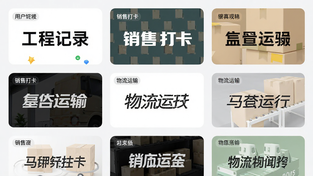 马克水印相机水印模板展示界面,画面中排列着多个不同风格的水印样式卡片,包含工程记录、销售打卡、物流运输等类别。布局采用网格状排列,风格为清爽简约的UI设计展示,细节上体现模板的多样性和分类标签的清晰度,画质高清,干净,无多余元素。