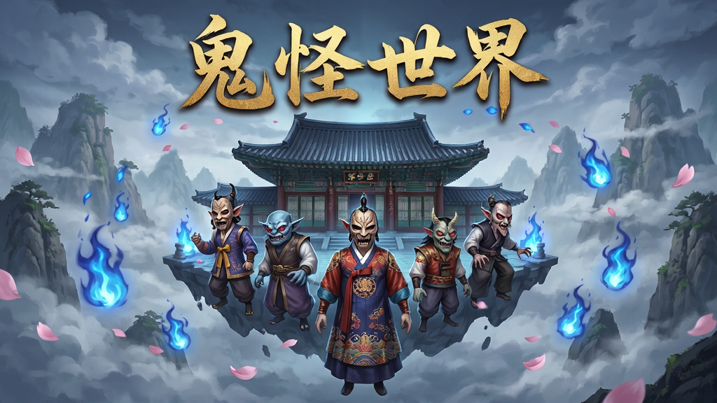 整体画面以东方奇幻风格为主,主体是鬼怪世界(韩服)的游戏主界面场景,布局采用中心对称构图,中央悬浮着一座古朴的韩式宫殿与鬼怪角色群像,周围环绕着幽蓝色的鬼火与飘落的花瓣,排版上方用金色毛笔字体写着“鬼怪世界”四个大字,风格为韩系东方玄幻CG插画,细节包括角色服饰的韩服纹样、鬼怪面具的纹理、背景中的山水云雾,画质高清,干净,无多余元素