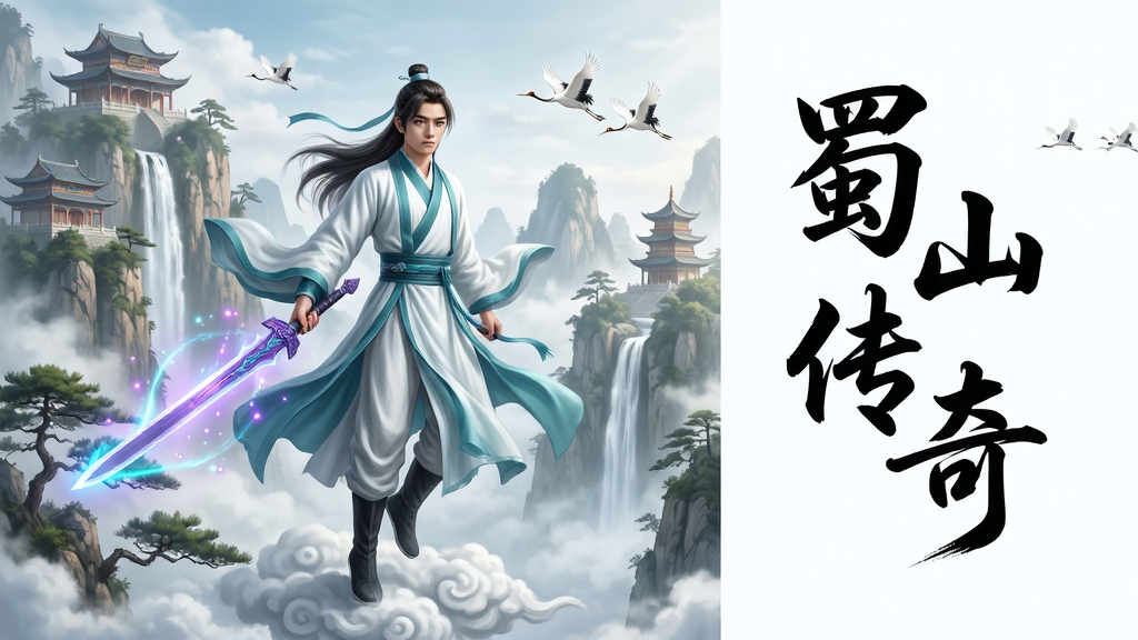 画面主体为一位身着青白色道袍的年轻剑仙,手持散发紫青光芒的飞剑,脚踏云雾悬浮于蜀山群峰之间;背景布局为层叠的仙山楼阁与瀑布流云,远处有仙鹤飞过;排版采用竖版构图,人物居中偏左,右侧留白处用飘逸的书法字体写着“蜀山传奇”四个大字;风格为东方仙侠水墨与轻度写实融合;细节上飞剑周围有灵力光点环绕,道袍衣角随风飘动,山间有薄雾和松树点缀;画质为高清细腻,干净明亮,无多余杂乱元素。