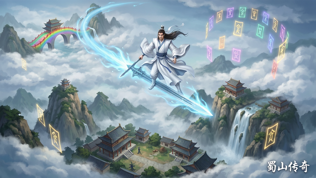 画面主体是一位白衣剑仙正御剑穿梭于云海之上,脚下飞剑拖曳出淡蓝色的灵力轨迹;布局为俯视广角,下方是连绵的蜀山山脉与古建筑群;排版将人物置于画面中央偏上,四周云层环绕;风格为仙侠奇幻数字绘画;细节包括远处若隐若现的彩虹桥、山间飞瀑、以及空中漂浮的符光阵;画质高清,色彩通透,干净无杂乱元素,画面中可用小字标注“蜀山传奇”。