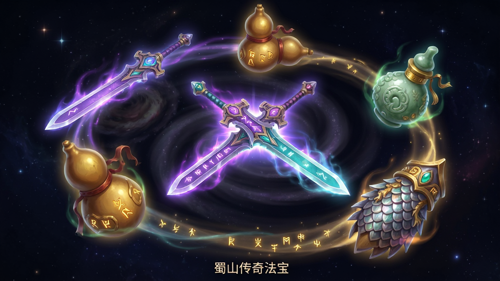 画面主体为悬浮在空中的多件仙侠法宝,包括紫青双剑、金色葫芦、玉净瓶与龙宫鳞甲;布局为环形排列,法宝围绕中心旋转;排版将最亮的紫青双剑放在视觉中心,周围法宝以光效连接;风格为玄幻道具展示图;细节上每件法宝都有灵力光晕和符文刻印,背景为深色星空;画质精致,干净无杂乱元素,画面下方可用小字写“蜀山传奇法宝”。