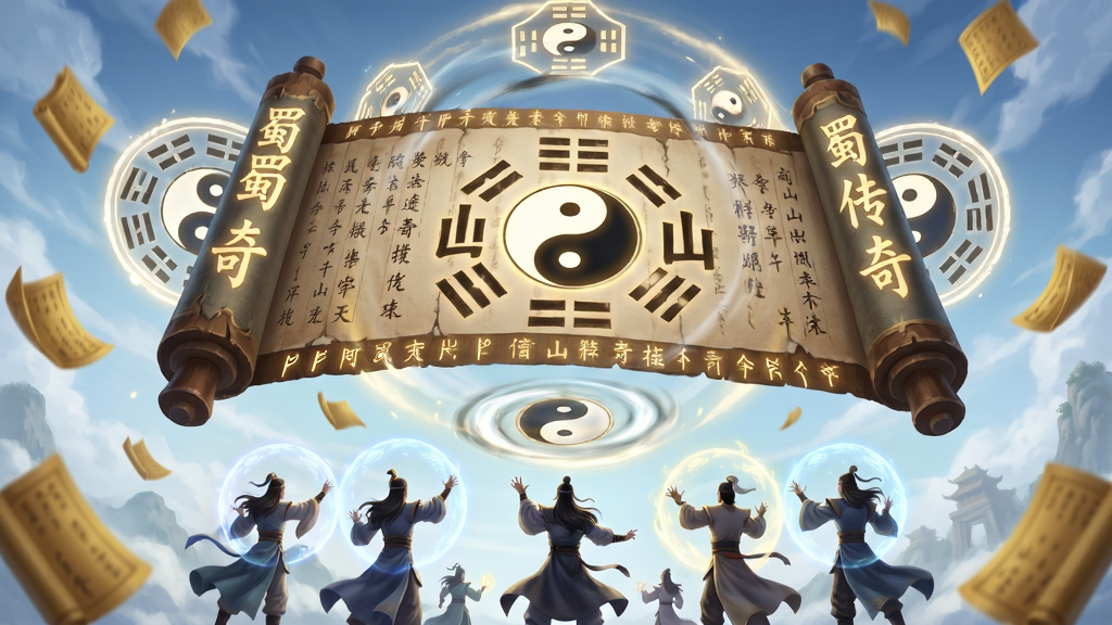 画面主体为一座悬浮在空中的巨大天书卷轴,卷轴周围环绕着发光的文字与八卦阵图;布局为仰视视角,卷轴占据画面中央,下方有几位仙侠角色正在施法;排版将“蜀山传奇”四字融入卷轴边缘的符文之中;风格为仙侠奇幻场景;细节包括飘落的金色书页、旋转的太极光阵、以及角色身上的灵力护盾;画质高清,干净明亮,无多余元素。