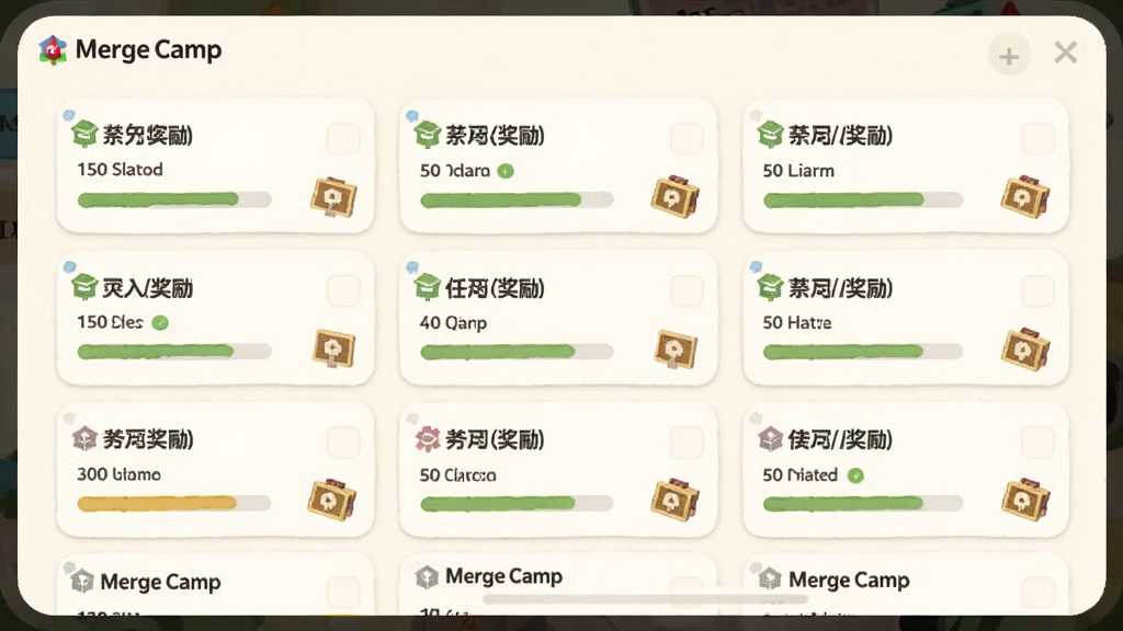 画面展示一个任务列表面板,面板上有多个任务卡片,每张卡片显示任务名称、进度条和奖励图标,面板背景为米白色圆角矩形,整体采用清新浅色风格,布局整齐,画质清晰干净,界面中有