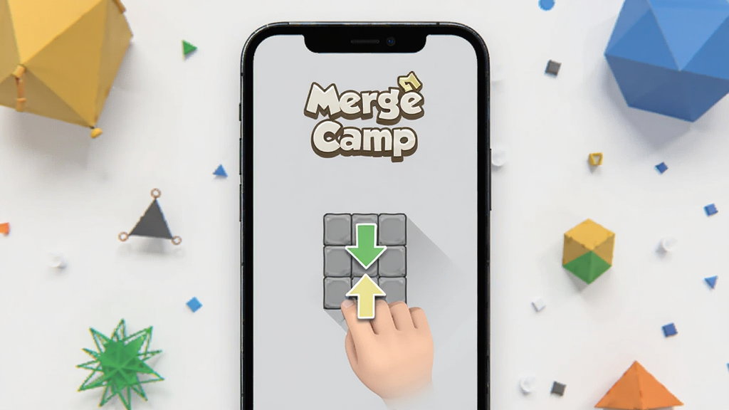画面展示一部智能手机屏幕,屏幕上显示Merge Camp游戏的新手引导界面,界面中有箭头指示拖拽操作,背景为浅灰色,手机周围有简单的几何装饰元素,整体风格简洁现代,画质清晰干净,屏幕中有